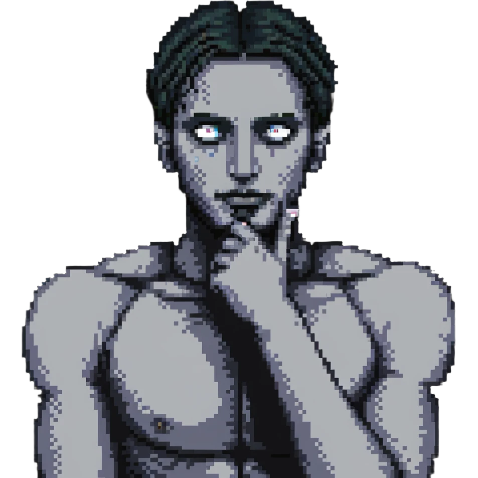 detailed human man with third eye open, contemplative pose with hand on chin emoji