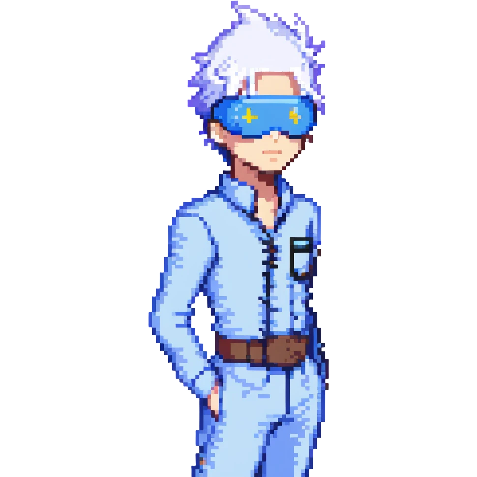 Gojo Satoru, pixel art, small sprite, white spiky hair, blue blindfold, simple outfit emoji