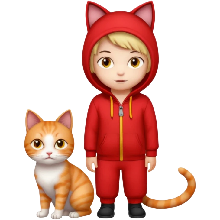 There is a kid wearing all red. Next to him there is a cat that has a red cat outfit and the cat has yellow eyes emoji