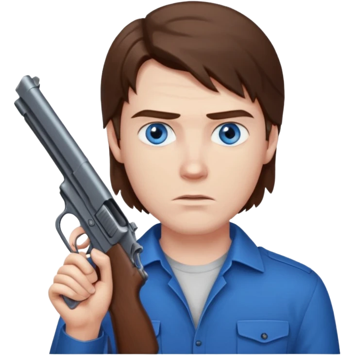 guy w medium long brown hair and blue eyes shooting himself emoji