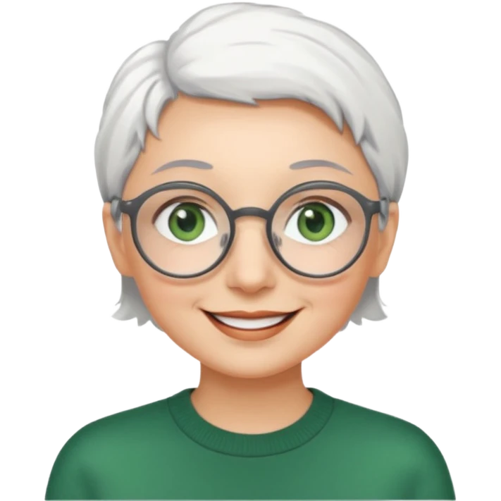 visage femme a lunettes ronde avec cheveux courts gris-blancs aux yeux verts qui souris emoji