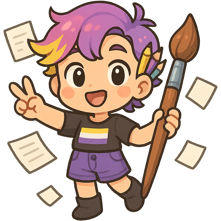 whimsical non-binary cartoon character with sketchbook colorful accessories radiating playful professional energy emoji