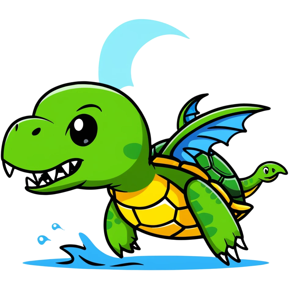 A menacing turtle with spiked shell, dragon-like wings spread wide, fangs bared, sharp claws extended, shooting water and steam emoji