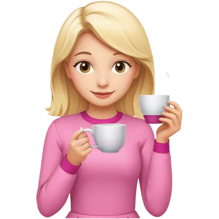 blonde girl with a sly smile, pink outfit, holding tea, gossiping emoji