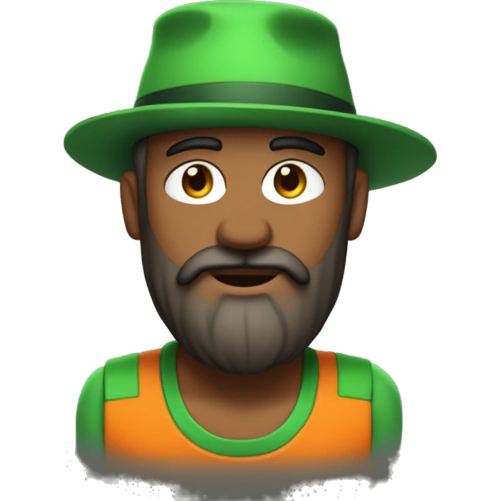 A green-eyed, orange dress, hair on his chest, green hat, one eyebrow, extreme bearded person emoji