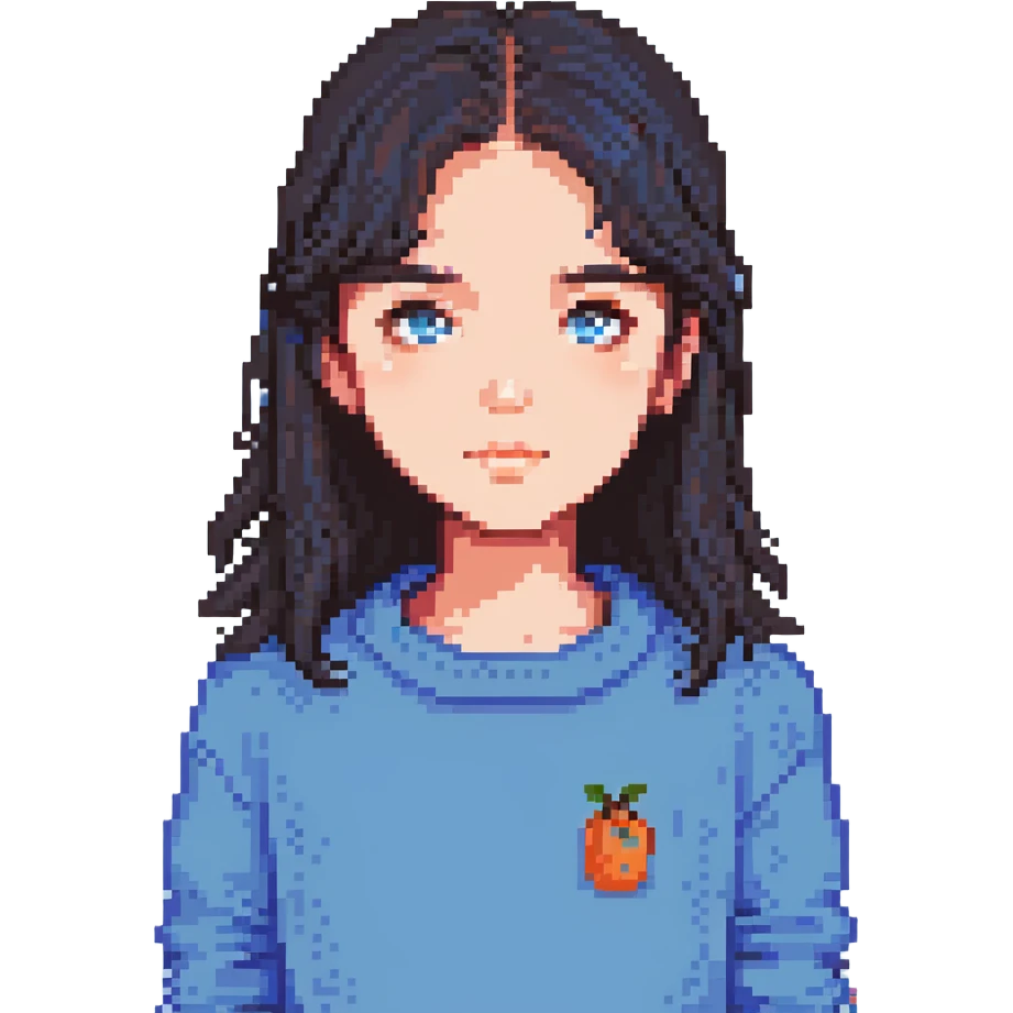 a girl with dark hair and a bluish sweater emoji
