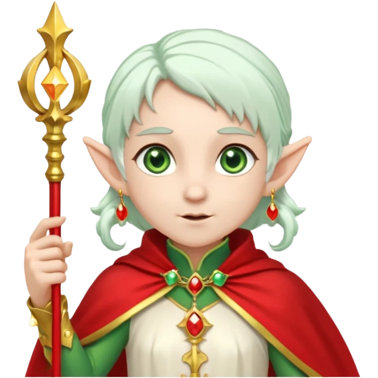 an elf with very white hair and two  pigtails on the side of her head, she has a curtain bang, green eyes, she has a white cape with golden borders and a scepter with a red orb, she has earrings that look like red drops emoji