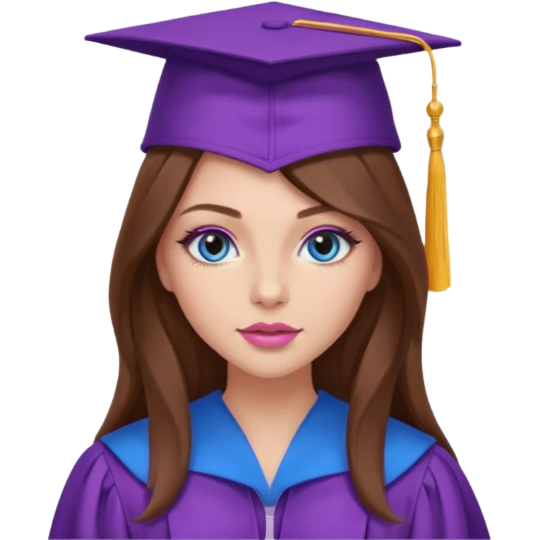 girl with gorgeous long brown hair, blue eyes, long lashes makeup, sexy pink lips, wearing a purple graduation cap and gown emoji