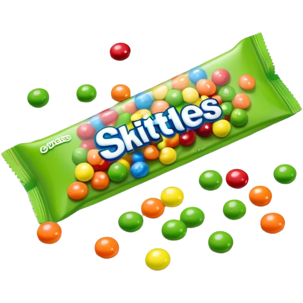 Colorful Skittles package with green candies scattered around it emoji