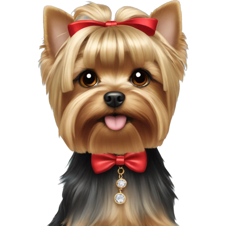 Yorkie face with red bow on hair on top of head and a necklace that says Prada emoji