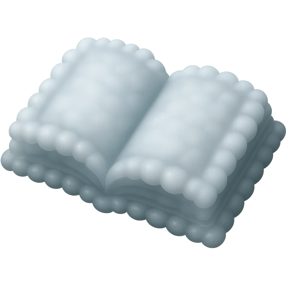 top view of a thick open book made entirely of small, very bright white fluffy convex clouds, matte glass style, no background emoji