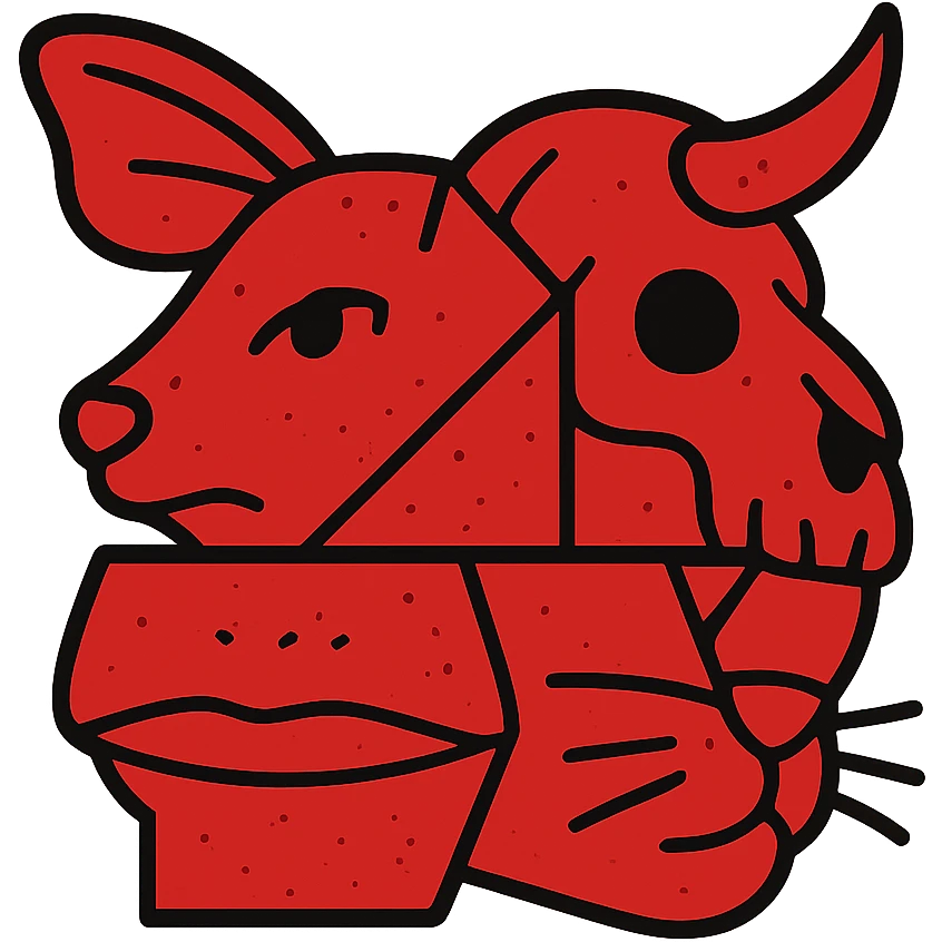 a red collage icon made of irregular cut-up pieces with visible line splits: stoat eyes/face section, minotaur skull with horn section, frog mouth section, elf ear section, cat whiskers section, and moth wings growing from the back of the head, arranged in an irregular cubist-like composition with clear dividing lines, weathered and scratched appearance, entirely red emoji
