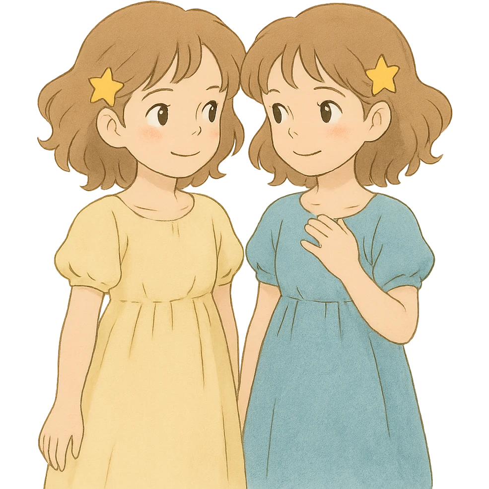 ghibli style gemini twins, soft colors emoji