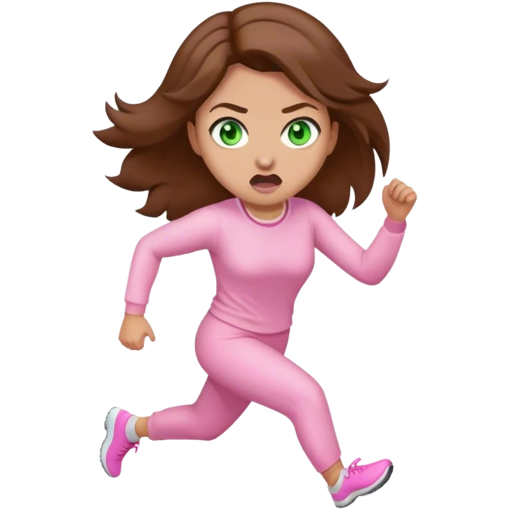 pretty woman with very long brown hair and green eyes and light pink outfit running scared emoji