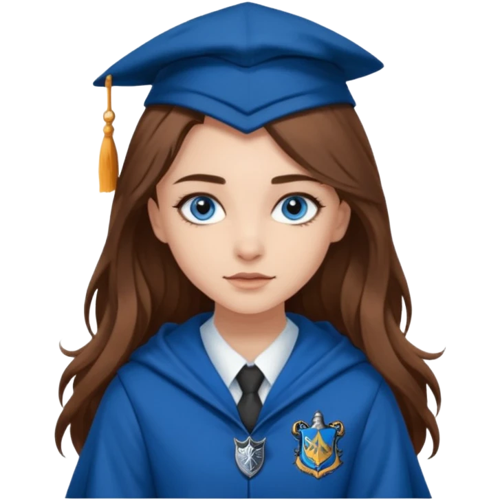gorgeous Girl with light skin, blue eyes, long brown hair, wears a ravenclaw outfit emoji