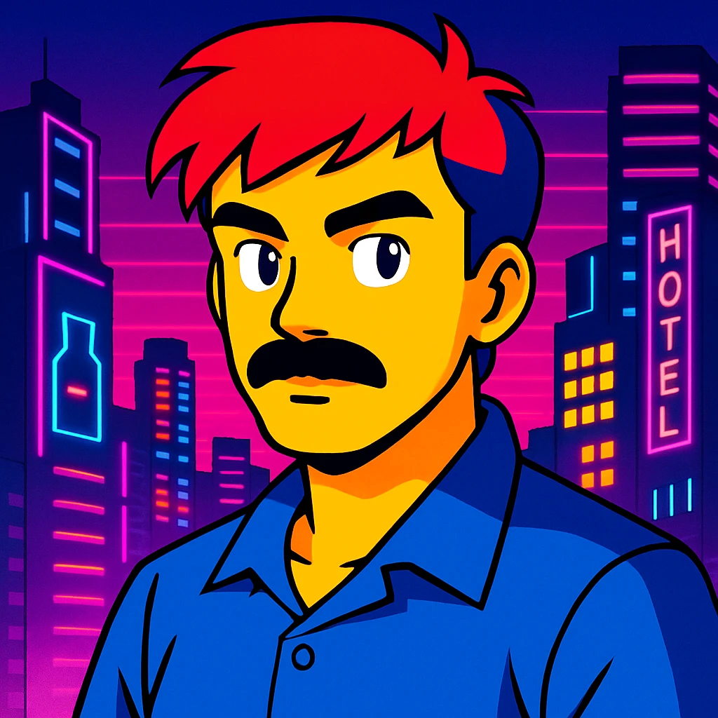 Add a neon city background, keep the 90's anime style and all original colors and lighting emoji