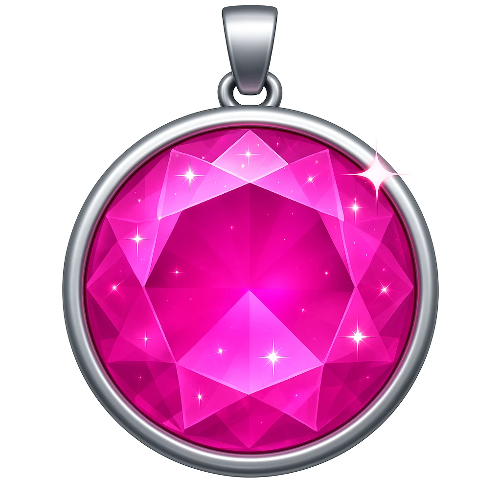 Add a pink hue and extra sparkle to the purple sugilite holographic gem charm with silver metal frame, keep emoji style, no gemstone accents emoji