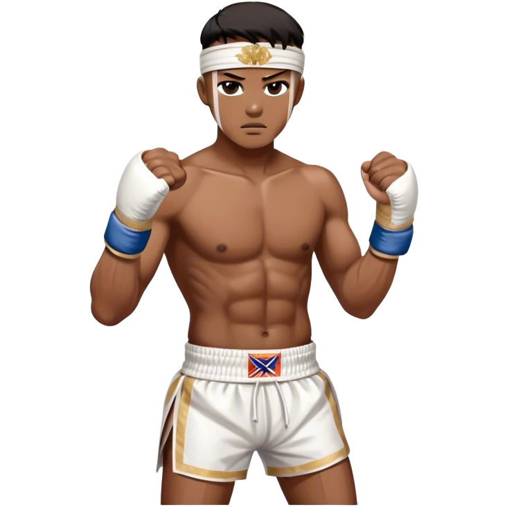 ​Cinematic Realistic Traditional Muay Thai Fighter such as Buakaw Banchamek, depicted in authentic attire featuring white bandaged gloves wrapped around his fists, a traditional headband tied neatly, and classic Muay Thai shorts, captured in a dynamic fighting stance under dramatic, high-energy lighting that highlights the raw power and elegance of the art, emoji