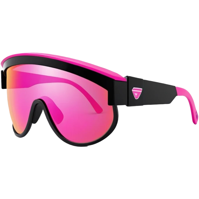 sporty neon pink shield visor sunglasses with thick black frame and integrated elastic strap, oversized one-piece mirrored lens, extremely durable design emoji