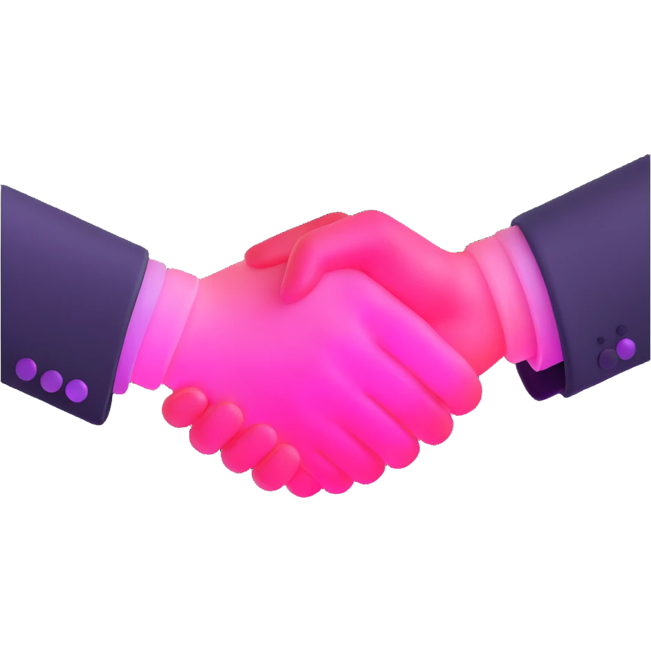 handshake, transparent glass with bright pink gradient from #FF335F to #FF99AA, soft glow and shadows, minimalistic emoji