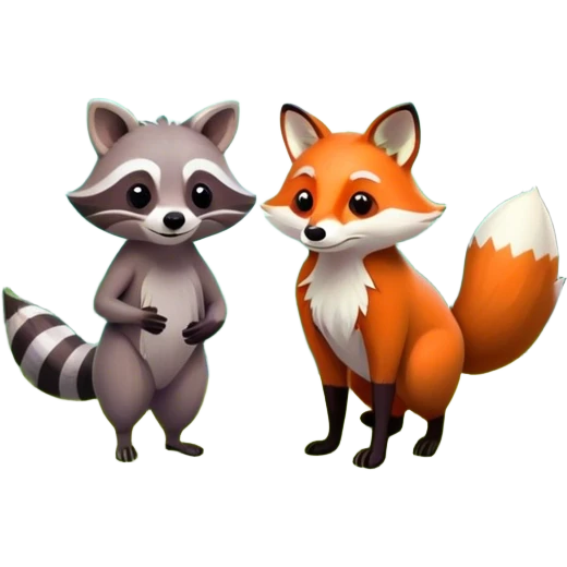raccoon and a fox in a colorful forest with vibrant green trees, bushes and flowers. The animals are in the foreground, surrounded by a lush, bright forest, with soft sunlight filtering through the leaves. A playful and wild scene with a transparent background. emoji