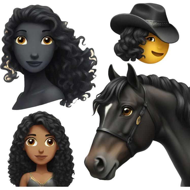  girl, long black curly hair, next to a black Arabian horse emoji