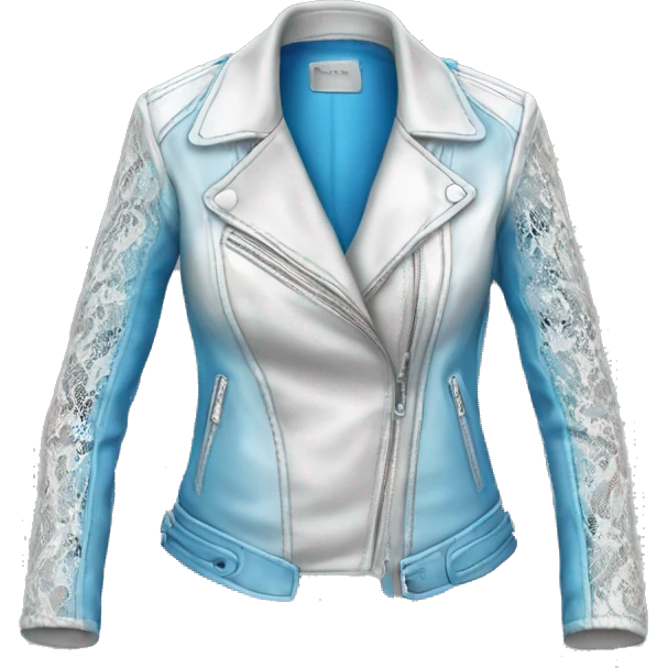 Realistic isolated open womens silver to white ombre leather jacket with sky blue lace. emoji
