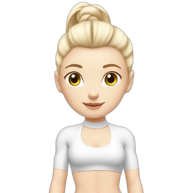 Pale skinned fit woman In a white tight yoga suit With ash blonde hair in a ponytail and gray eyes doing yoga emoji