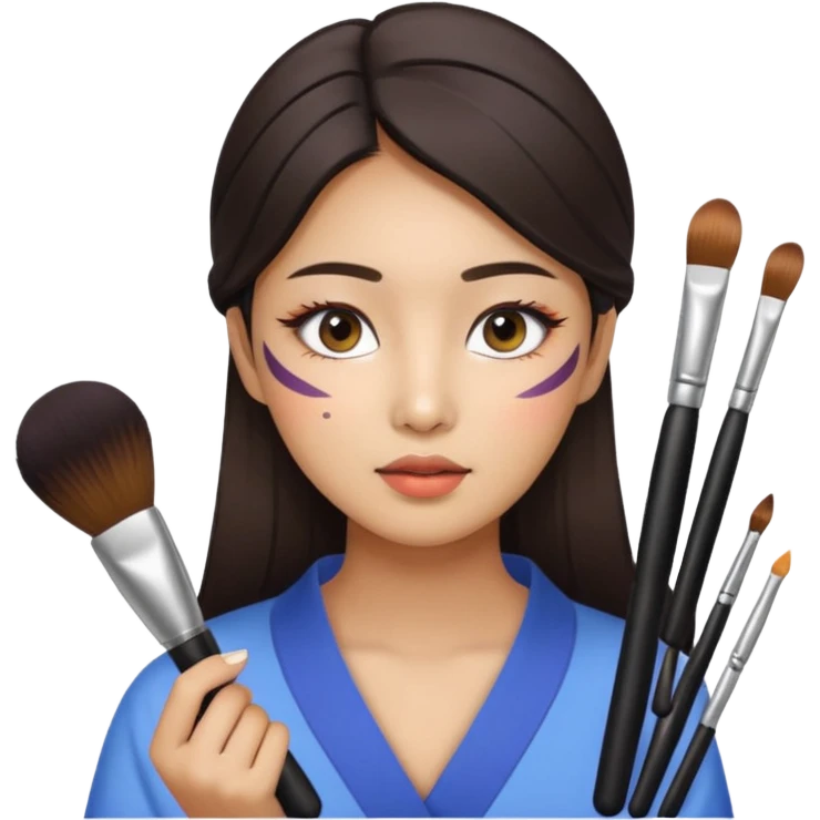 Korean woman applying makeup with various makeup tools, natural expression, bright lighting emoji