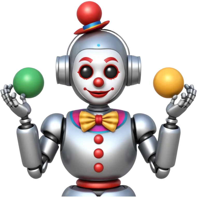 a Circus clown robot juggling two metal ball emoji