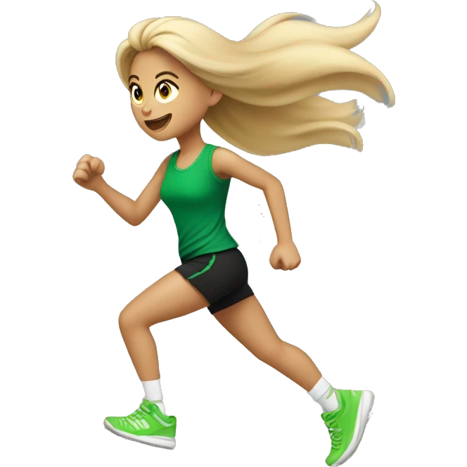 Girl with blond tail, in green sneakers, in black top and shorts running emoji