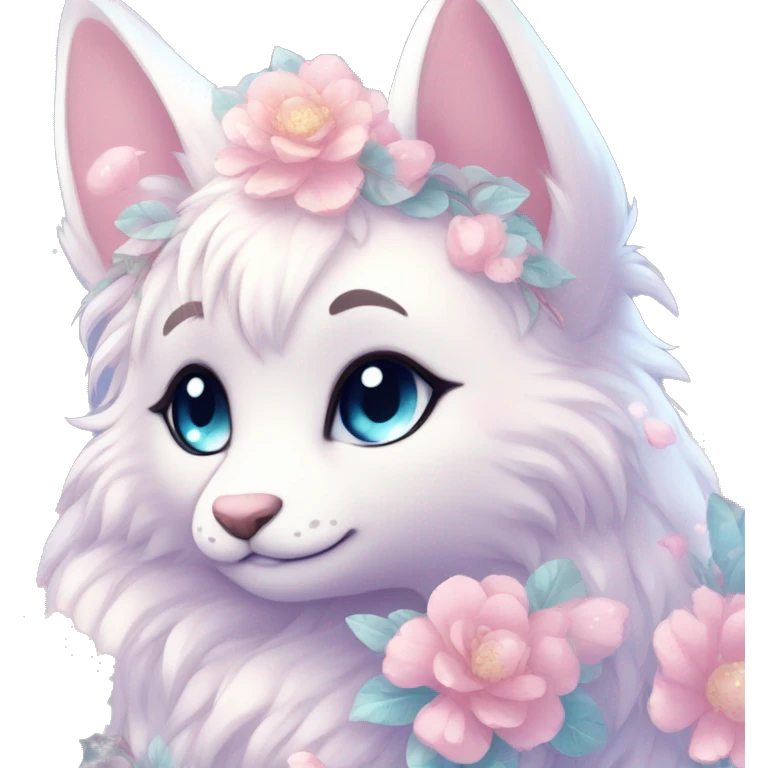 Anthro Cute Cool Blushing Pastel Innocent Shy Kawaii gorgeous sparkly ethereal fantasy anime animal creature with blue eyes furry sona with flowers and ribbons beautiful aesthetic emoji