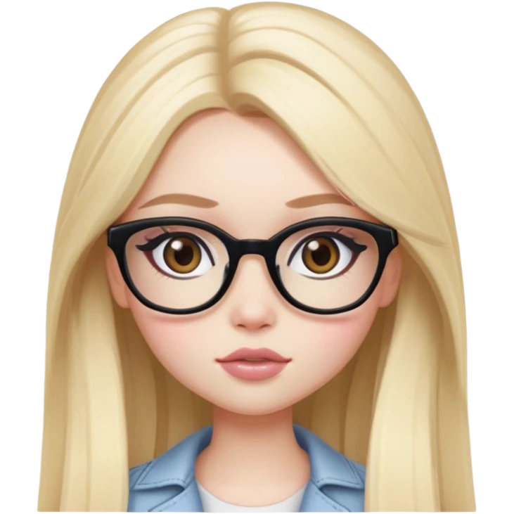  long blonde hair, pale skin, brown eyes, glasses, pretty bratz baddie, black eyeliner, blush emoji