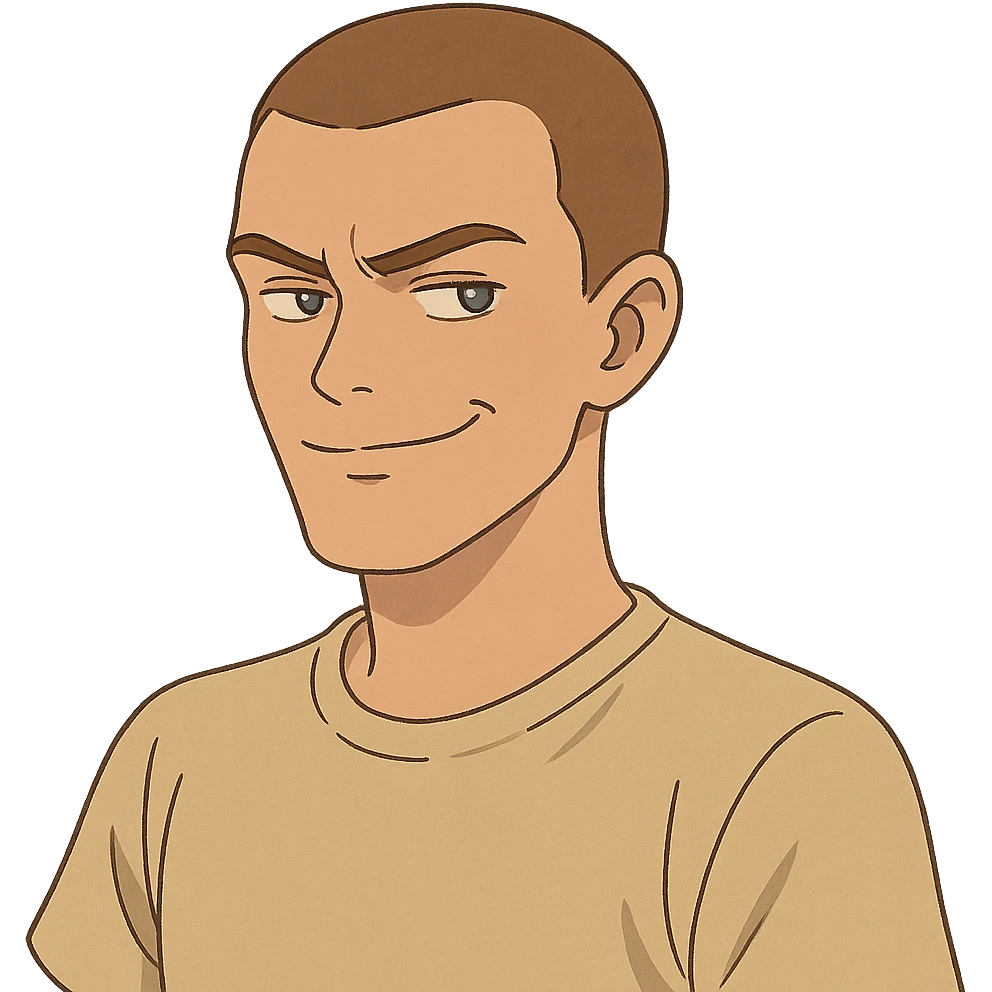 ghibli style Rafe Cameron from Outer Banks, buzz cut, smirking emoji