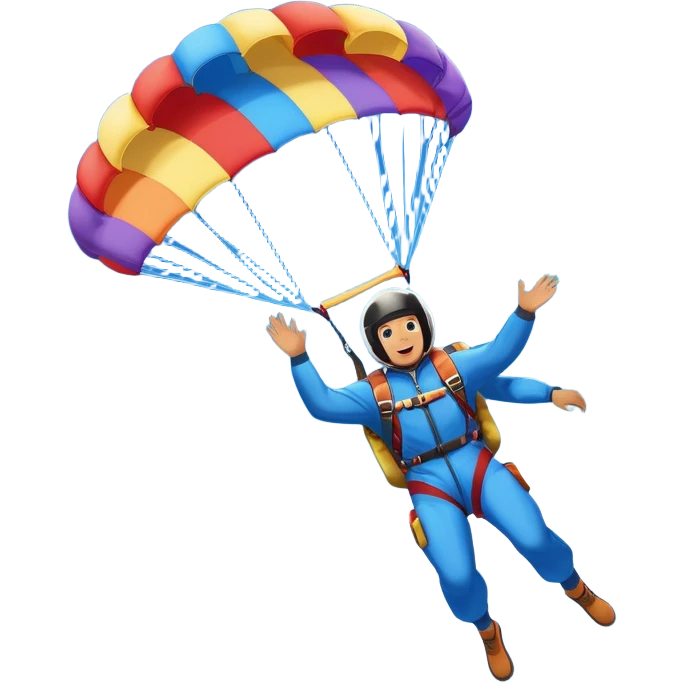 A skydiver free-falling through the sky, with a brightly colored parachute open above them. The background features a vast blue sky dotted with fluffy clouds, birds soaring nearby, and a plane flying off in the distance, emphasizing the thrill and freedom of the sport. emoji