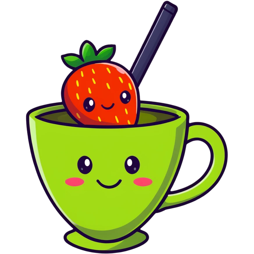 cute cartoon strawberry green tea in a cup with a smiling face emoji