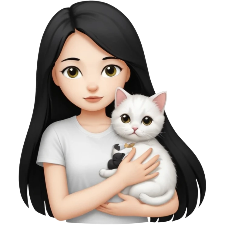 a girl with long dark black straight hair, in a white t-shirt, hugs a persian kitten 3 months old had a half spot black on her face and white one cat. emoji | AI Emoji Generator emoji
