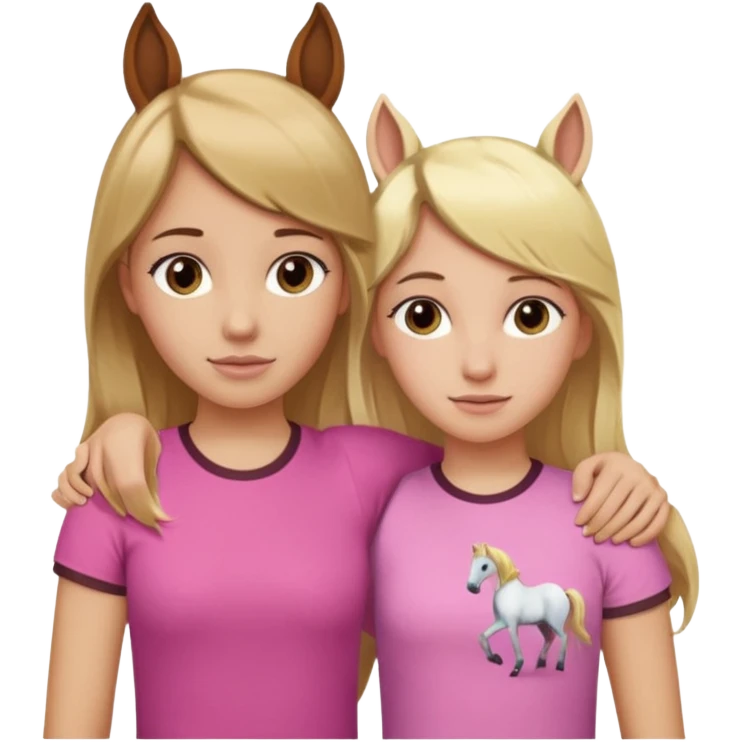Two Girls with their arms around each other at summer camp one blonde one brown hair brown hair wearing pink horse shirt no horse ears emoji