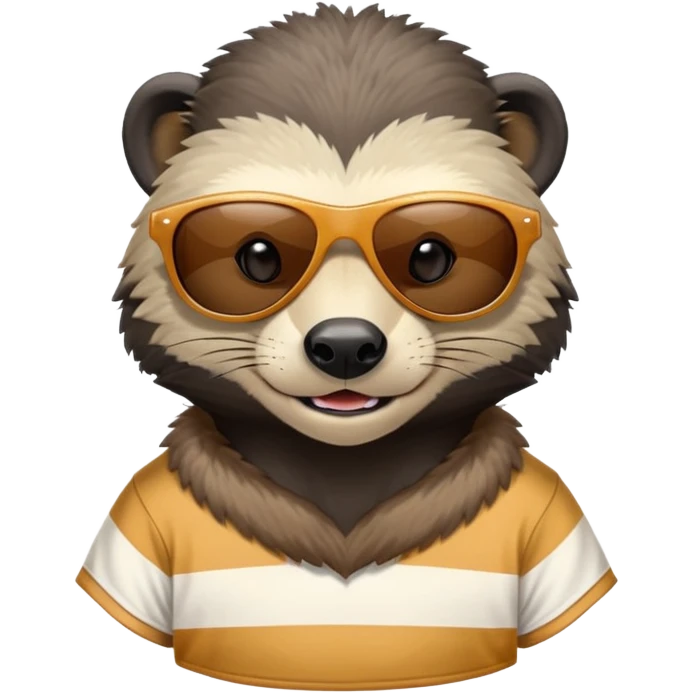 friendly anthropomorphised honey badger, close crop showing head, neck, and top of t-shirt with a striped design, wearing sunglasses emoji