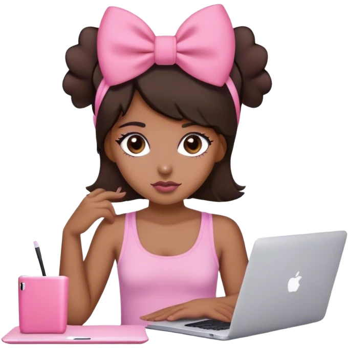 brown girl with dark brown hair with Mac book in front of her and a pink bow on her head dark brown eyes pink tank top and a little bit of blush  emoji