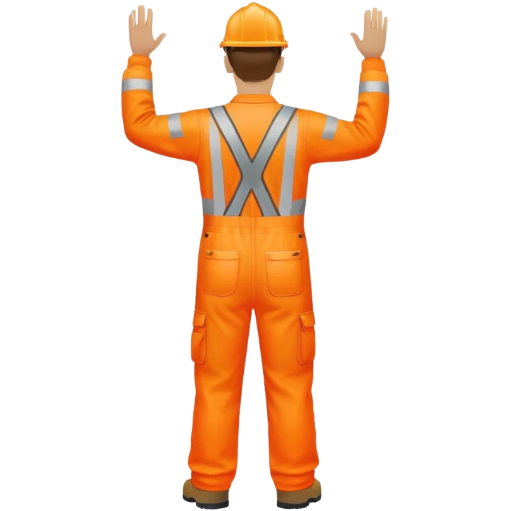 man standing facing away, wearing orange hi visibility overalls  with one arm raised emoji