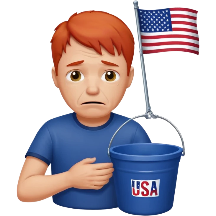 short red haired older man crying into bucket with USA flag on it emoji