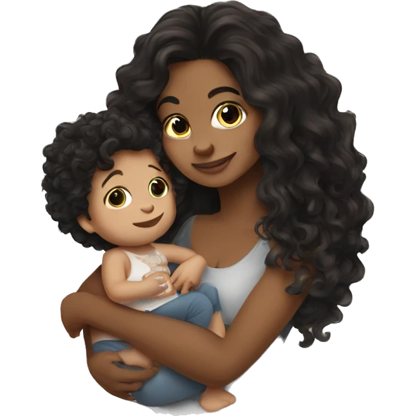  Brunette with tattoos on arm with long hair holding a baby boy with curly hair  emoji