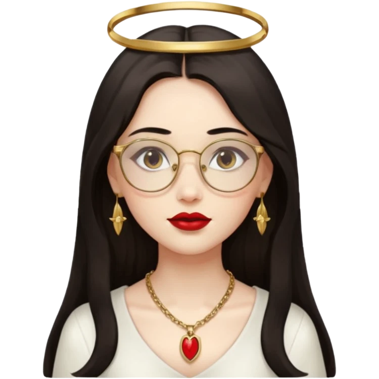 Angel girl with eyeglasses and long dark hair with red lipstick  and push gold necklaces and dark eyes emoji