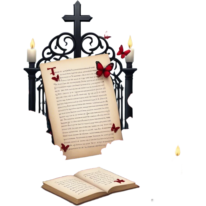 A surreal dreamscape where blackened love letters float in the air, encircled by deep red butterflies and Gothic crosses. The scene is framed by rich crimson peonies and pansies, their petals illuminated by the soft glow of dark red candles emoji