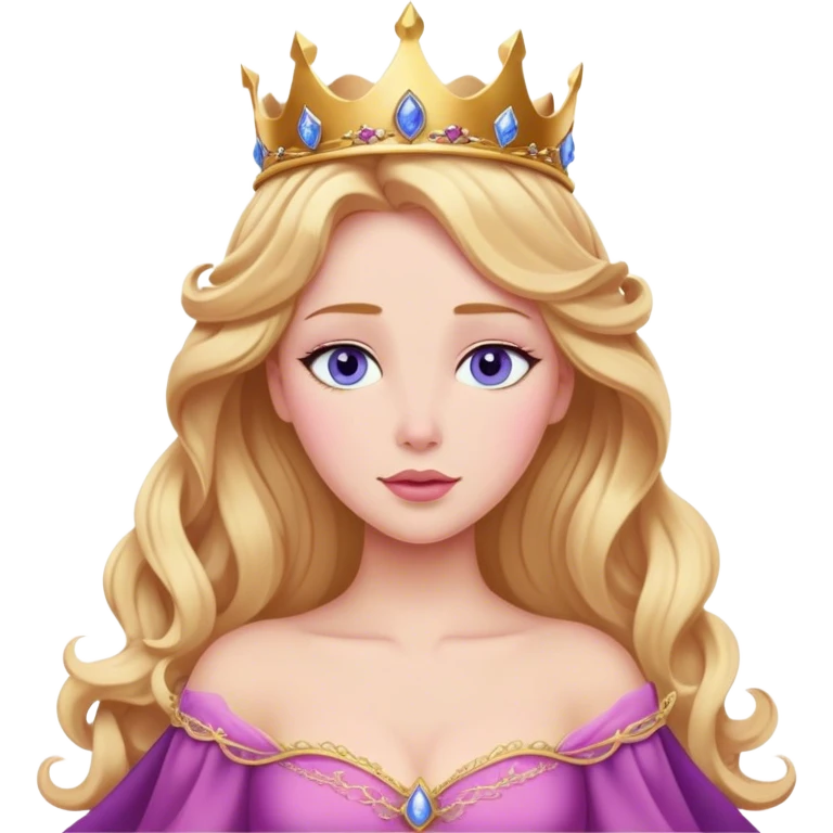 Cinematic Realistic Sleeping Beauty (Aurora) Portrait, with porcelain-like skin featuring a natural rosy flush, illuminated by soft lighting that highlights the gentle contours of her face. Her golden blonde hair flows in soft, detailed waves with subtle highlights that shimmer in the light. Her deep violet-blue eyes radiate warmth and innocence, framed by arched brows and long lashes. Her serene expression exudes quiet elegance. She is dressed in her classic pink gown, the fabric rich in texture with delicate folds that catch the light. A golden crown rests atop her head, gleaming with royal refinement. The portrait captures a soft, glowing aura, blending realism with an ethereal sense of beauty and timeless enchantment. emoji