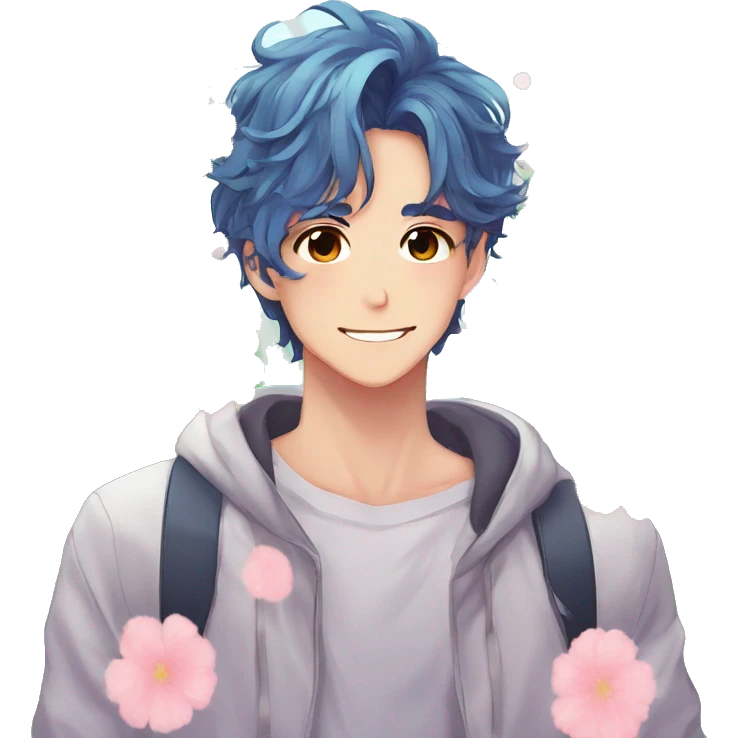 Gorgeous bright sparkly romantic anime style guy with blushing face and flowers aesthetic trending style outside emoji