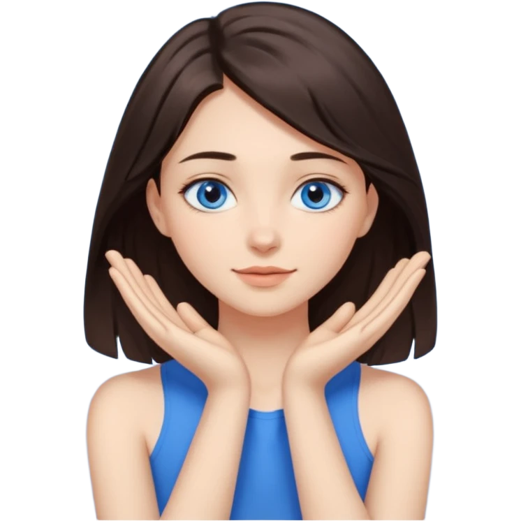 Girl with dark brown hair thats about shoulder lenght with blue eyes covering their neck with two hands without clothes emoji