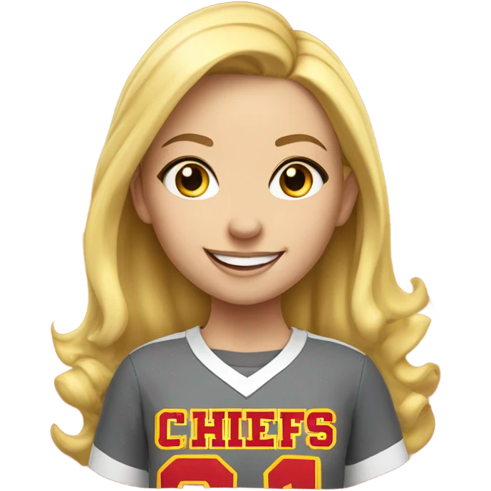 smiling girl with blonde hair and shirt with “Chiefs Kingsom” emoji