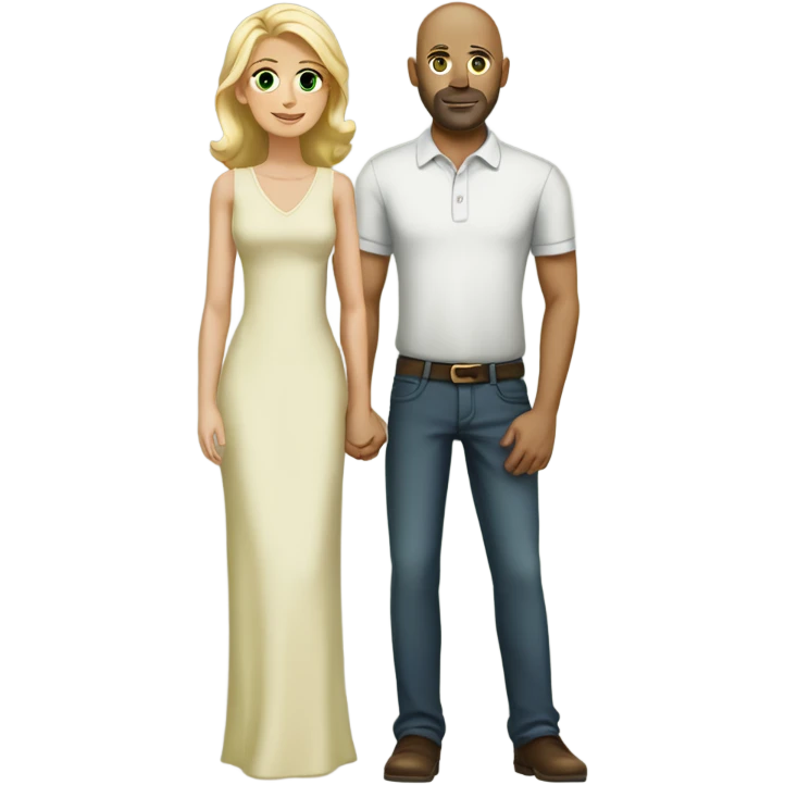 A tall bald man , brown eyes, with a short beard stand with his arm around a woman with long blonde hair , green eyes emoji